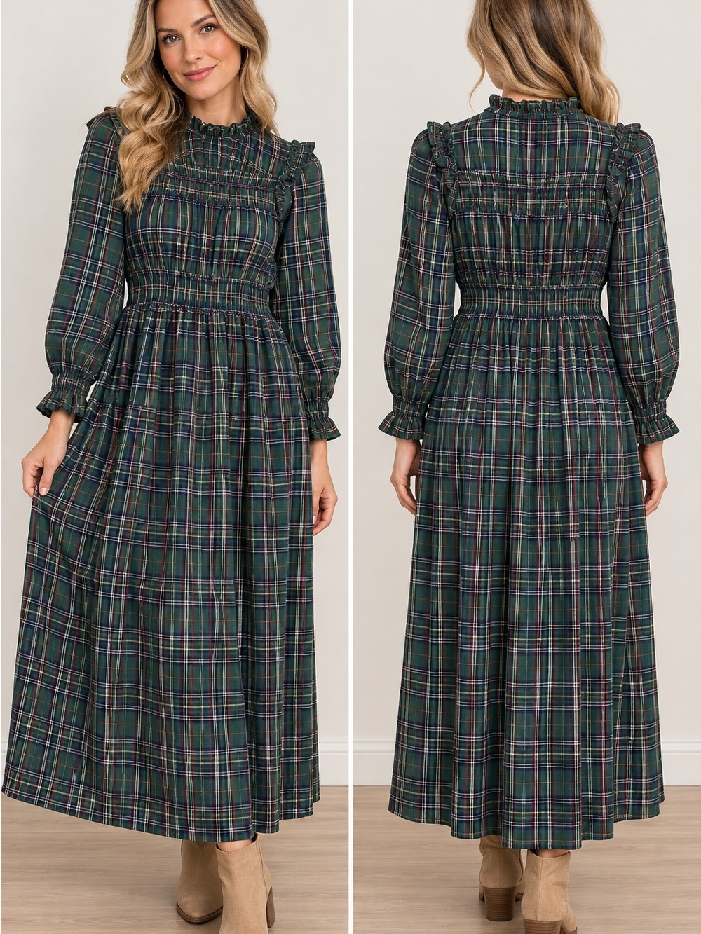 Plaid Long-Sleeve Maxi Dress in Green